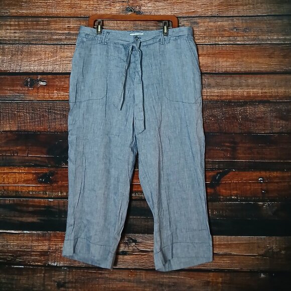 Coldwater Creek Capri Pants Size 16 Belted Wide Leg Linen Blend Steel Blue - Picture 2 of 9